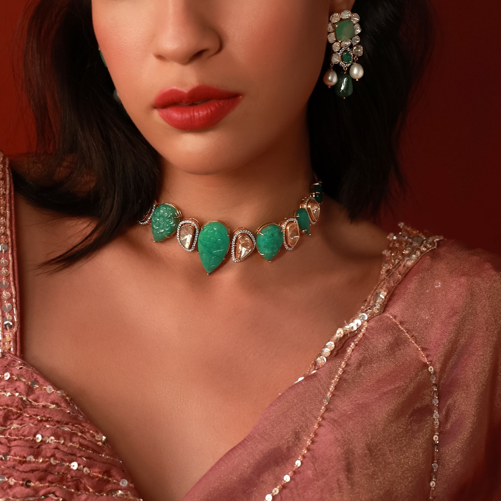 Lavanya Choker And Avika Long Earrings Polki And Diamond Set