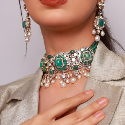 Yasna Choker And Mehar Long Earrings Polki And Diamond Set