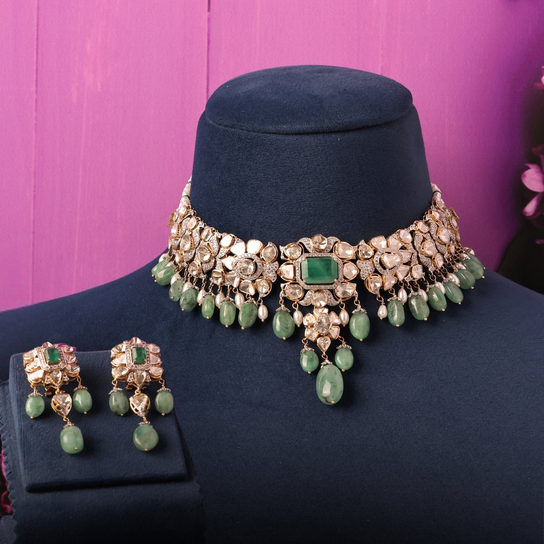 Shrishti Necklace And Sania Long Earrings Polki And Diamond Set