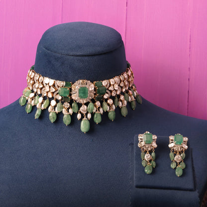 Stuti Choker And Sandhya Long Earrings Polki And Diamond Set