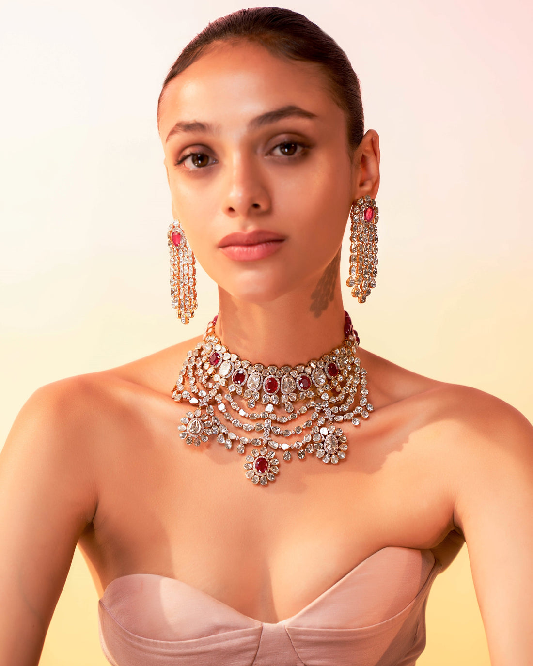 Rachita Necklace And Zisha Long Earrings Polki And Diamond Set