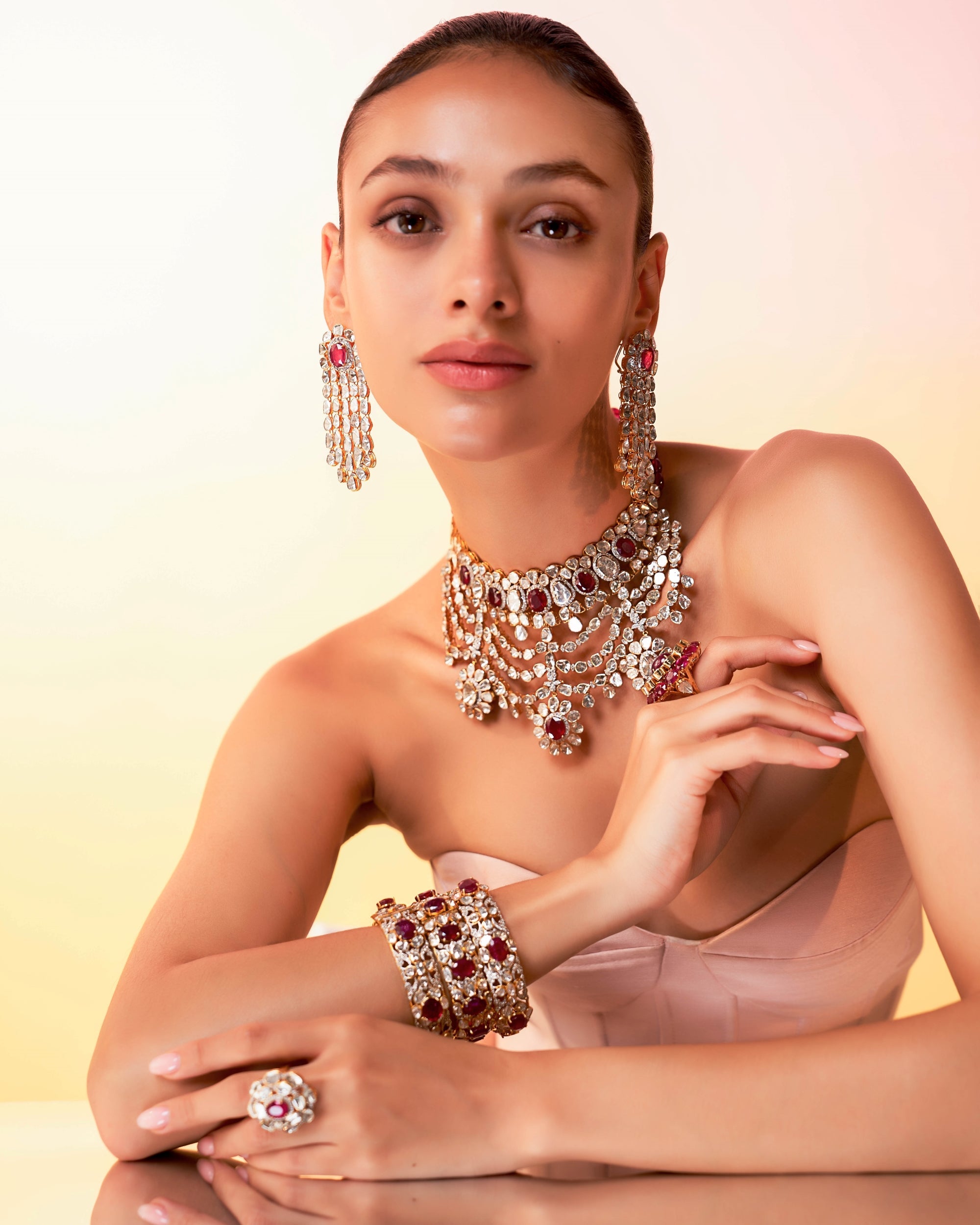 Rachita Necklace And Zisha Long Earrings Polki And Diamond Set