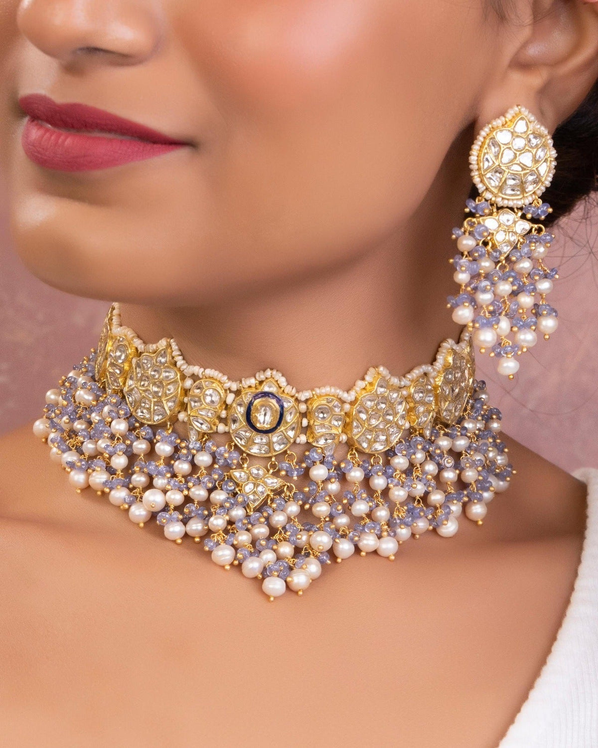 Jessica Choker And Kajal Long Earrings Polki Set