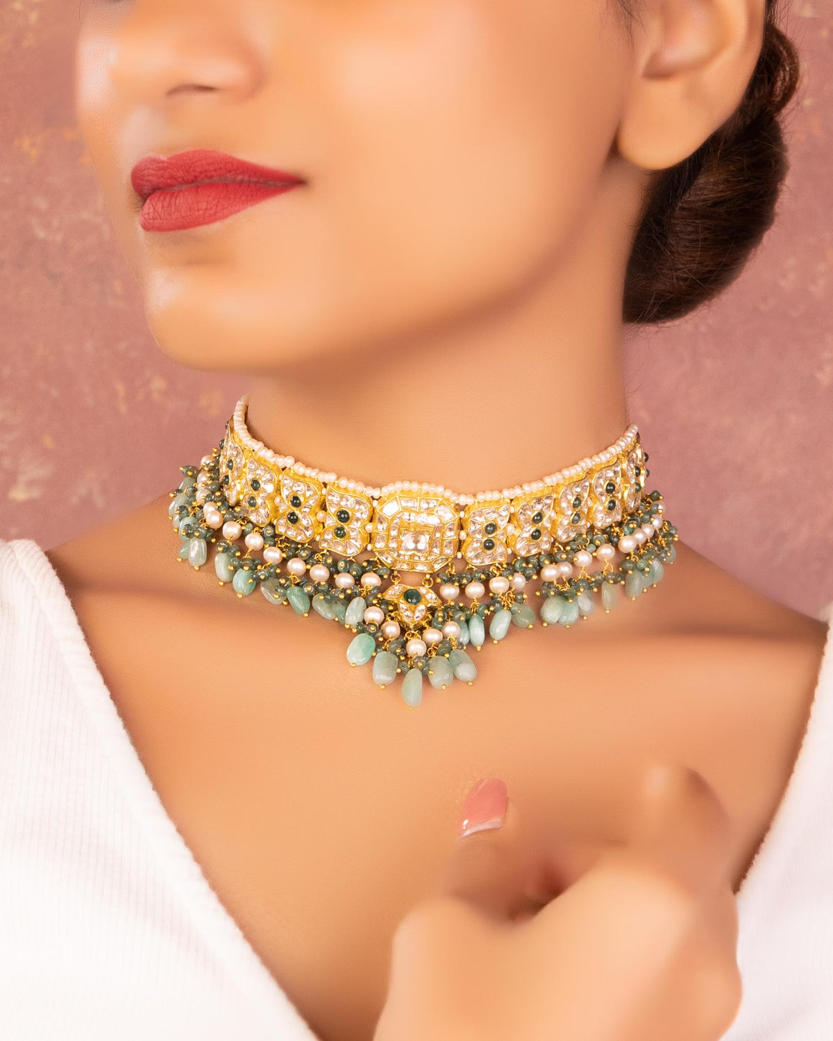 Nividita Choker And Sana Long Earrings Polki Set