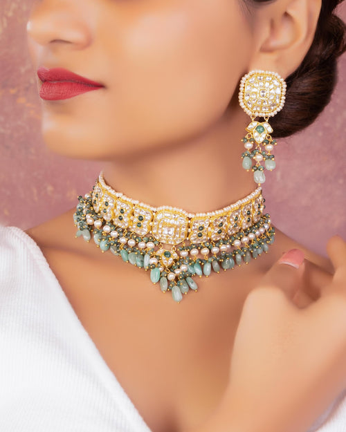 Nividita Choker And Sana Long Earrings Polki Set