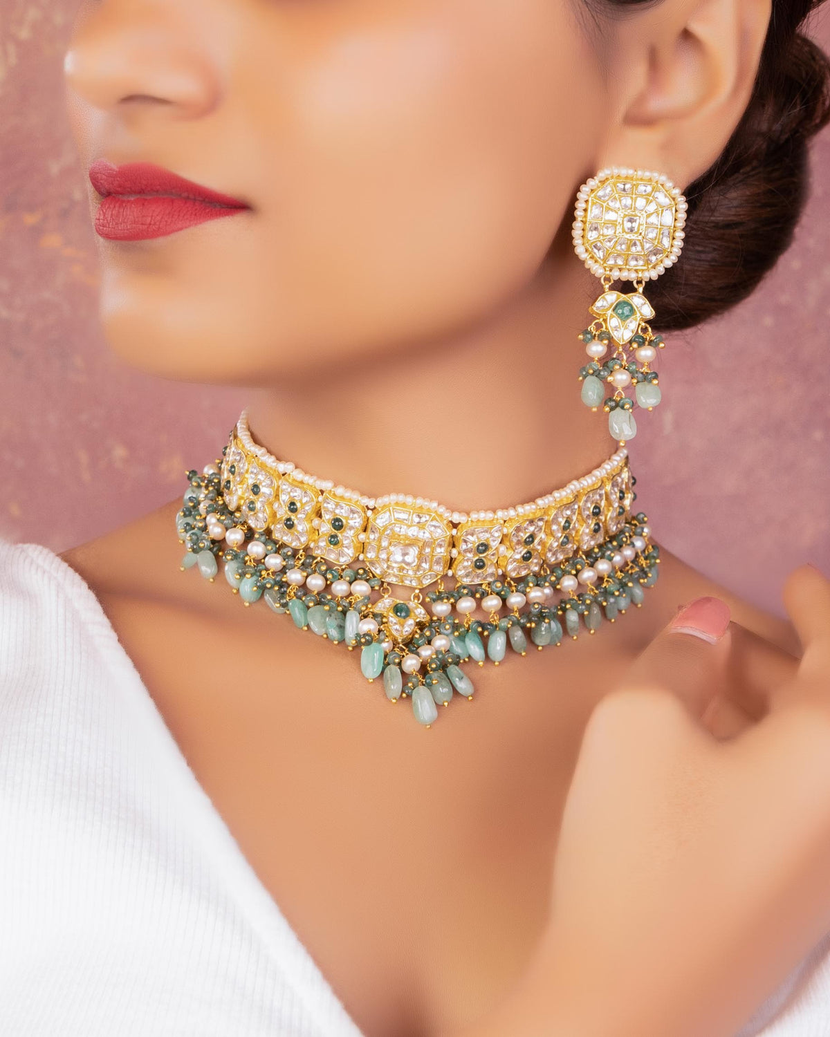 Nividita Choker And Sana Long Earrings Polki Set