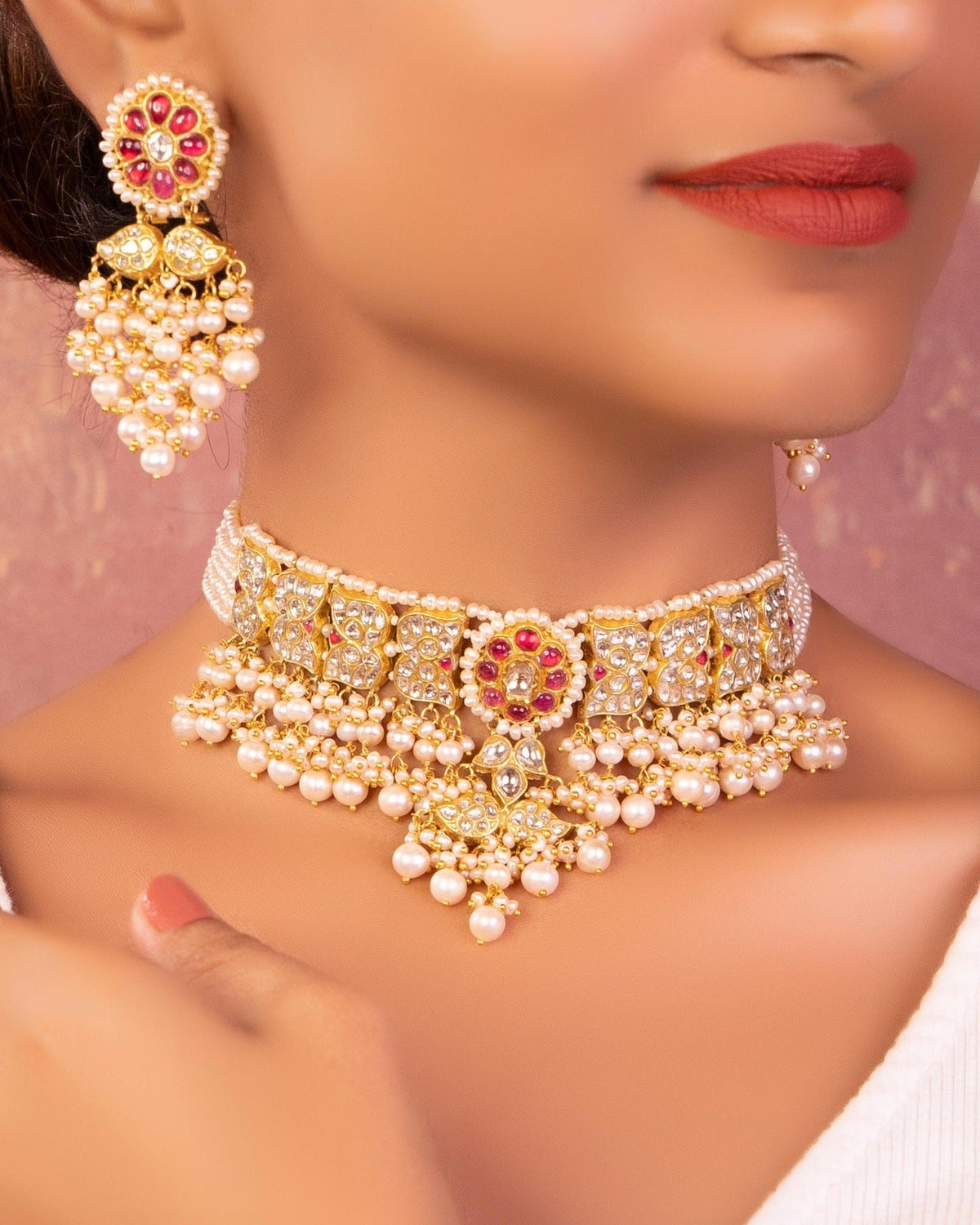 Mughda Choker And Pihu Long Earrings Polki Set