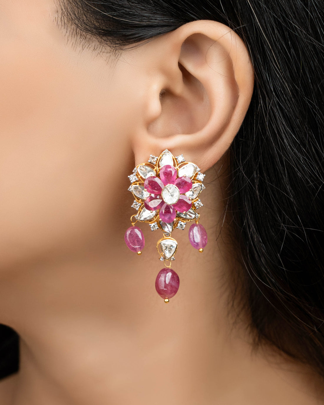 Nandhina Polki And Diamond Long Earrings