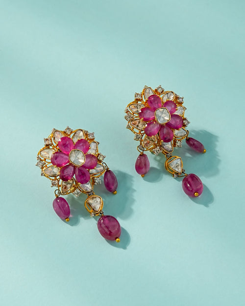 Nandhina Polki And Diamond Long Earrings