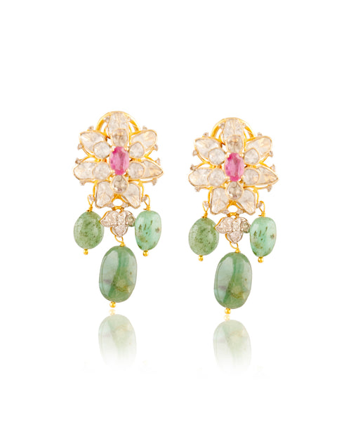 Alyssa Bead Pendant And Parkhi Long Earrings Polki And Diamond Set