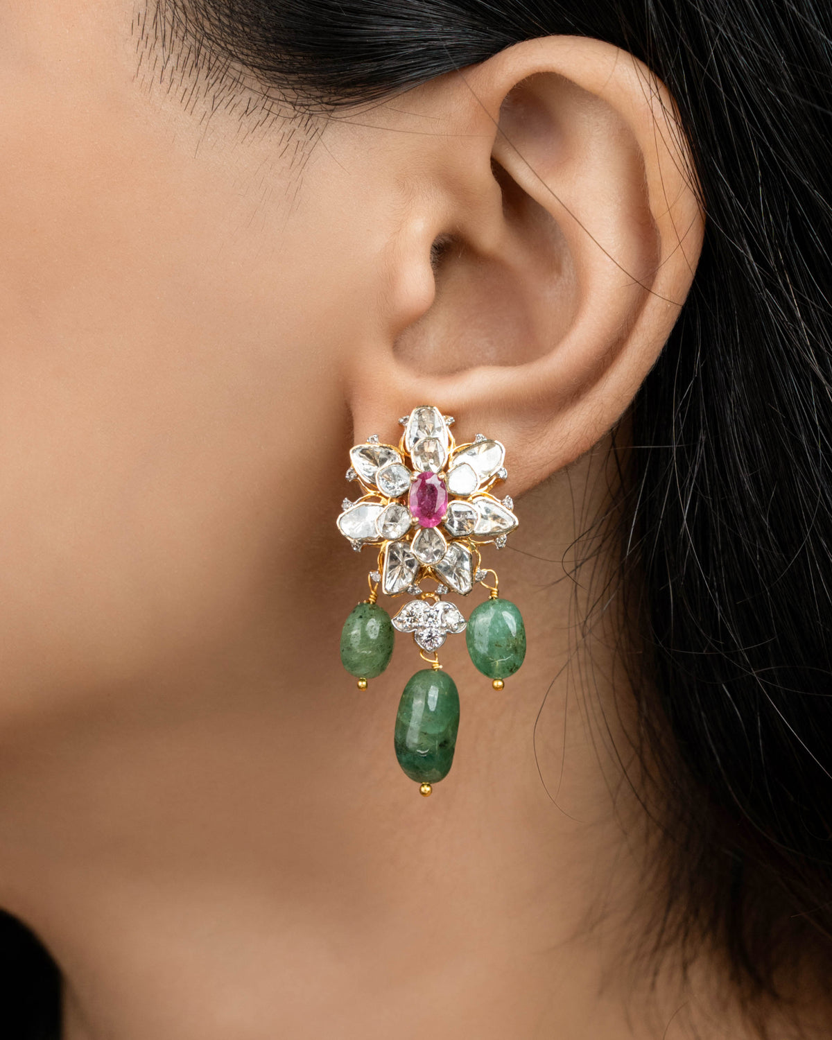 Alyssa Bead Pendant And Parkhi Long Earrings Polki And Diamond Set