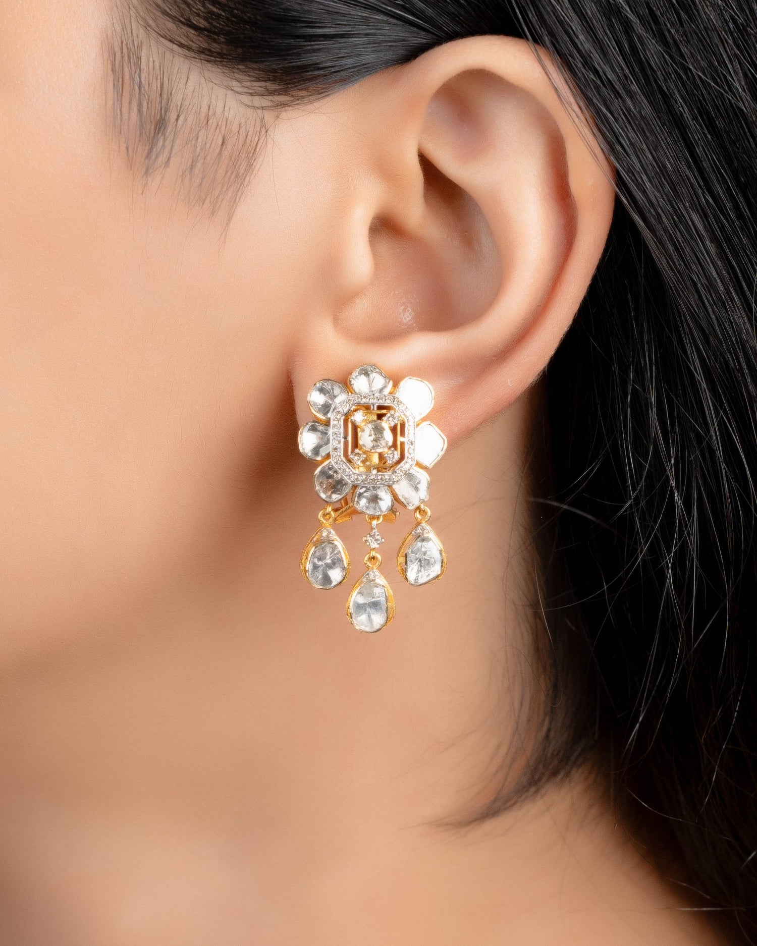 Kruti Polki And Diamond Long Earrings