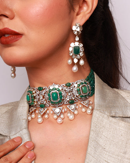 Yasna Choker And Mehar Long Earrings Polki And Diamond Set