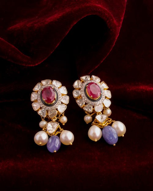 Thea Polki And Diamond Long Earrings