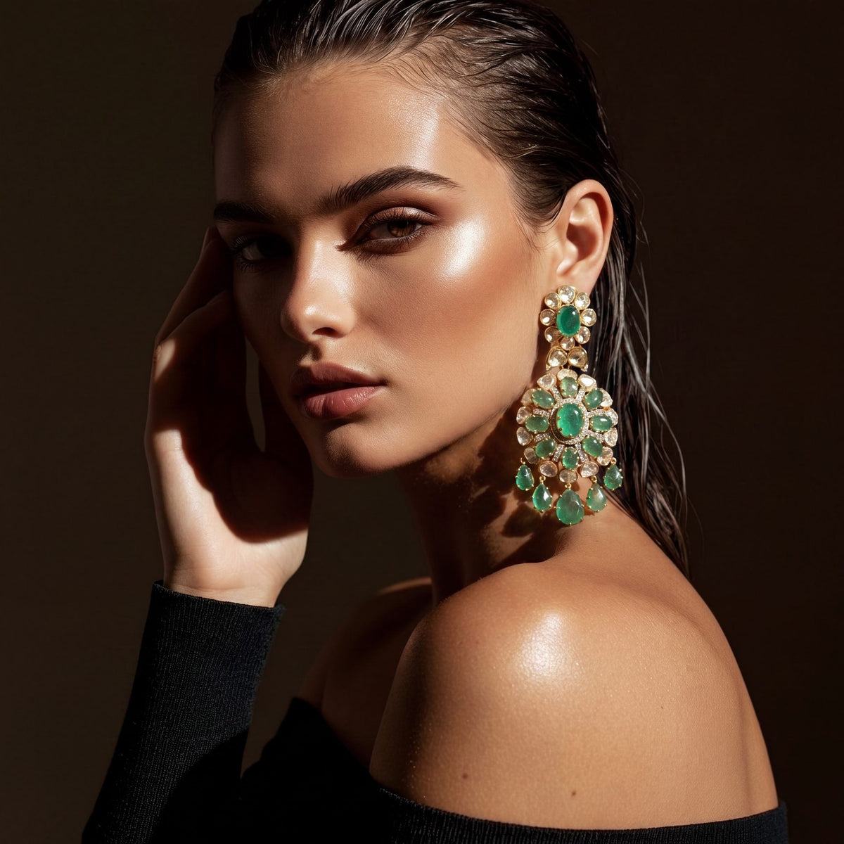 Zubeda Polki And Diamond Long Earrings