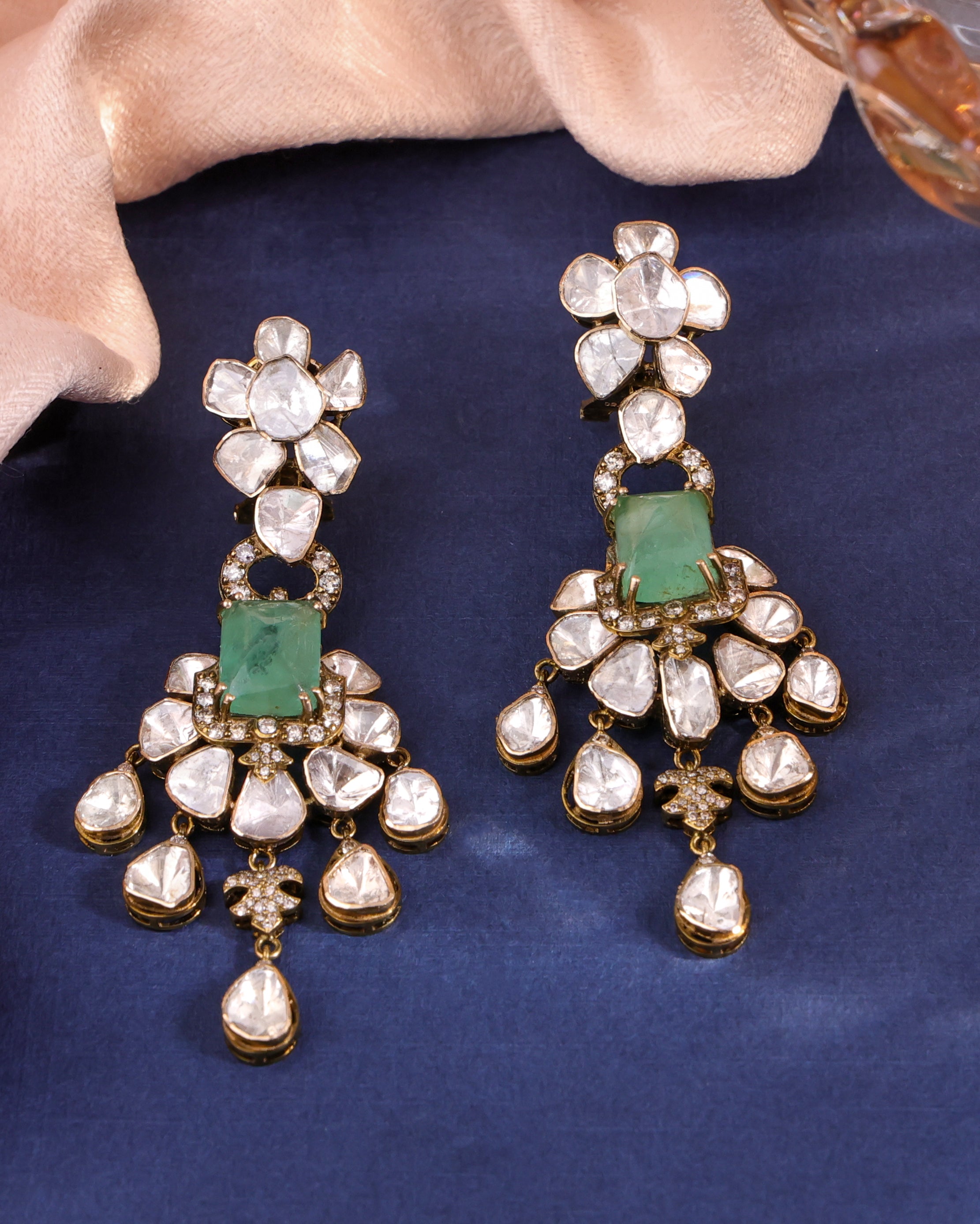 Fila Polki And Diamond Long Earrings