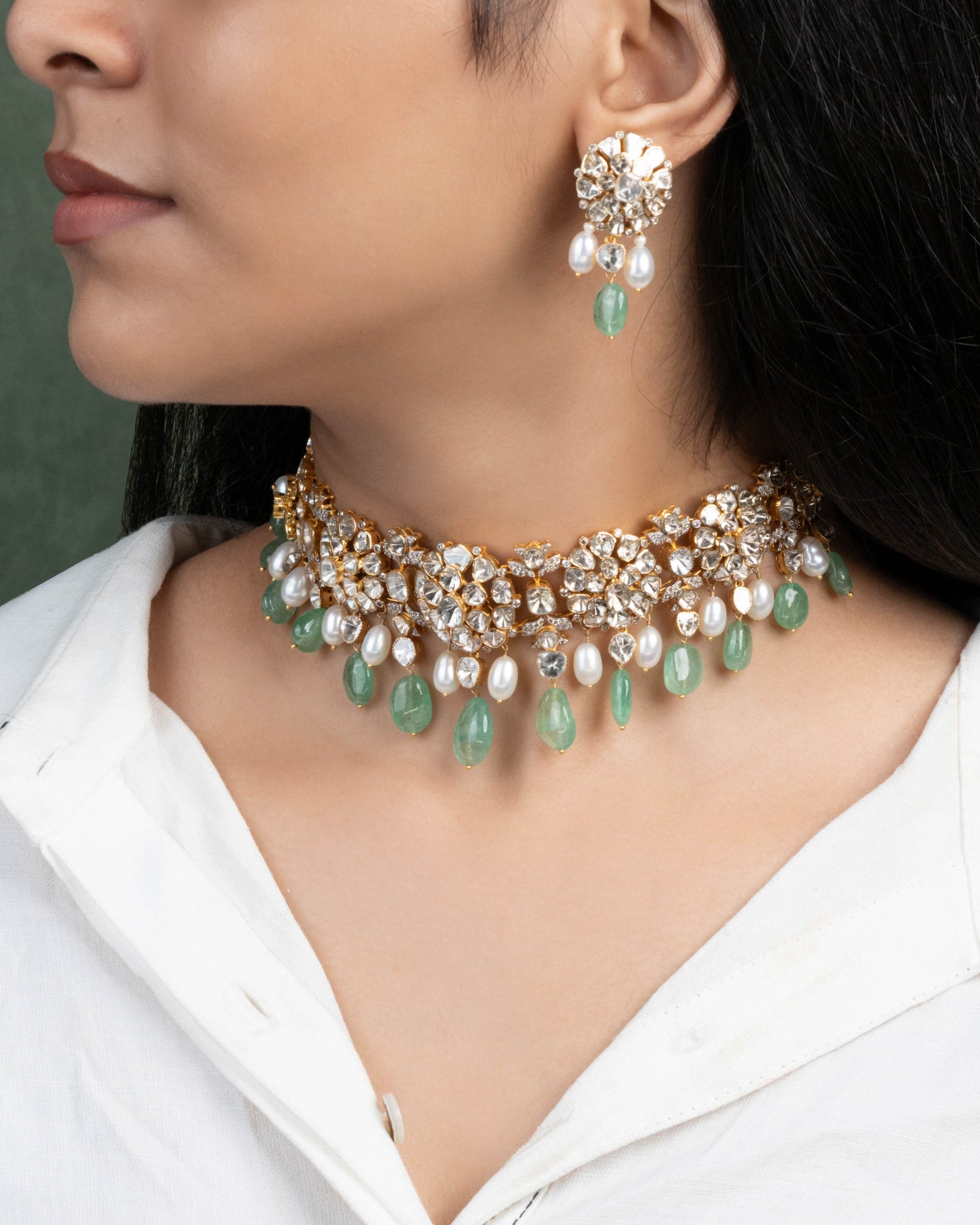 Nida Choker And Sushmita Long Earrings Polki And Diamond Set