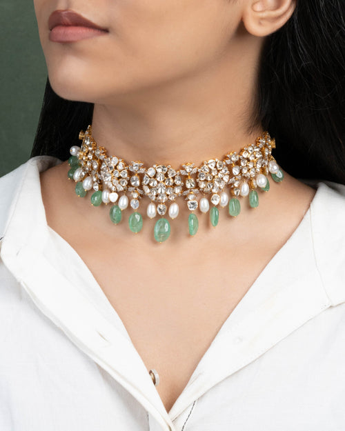 Nida Choker And Sushmita Long Earrings Polki And Diamond Set
