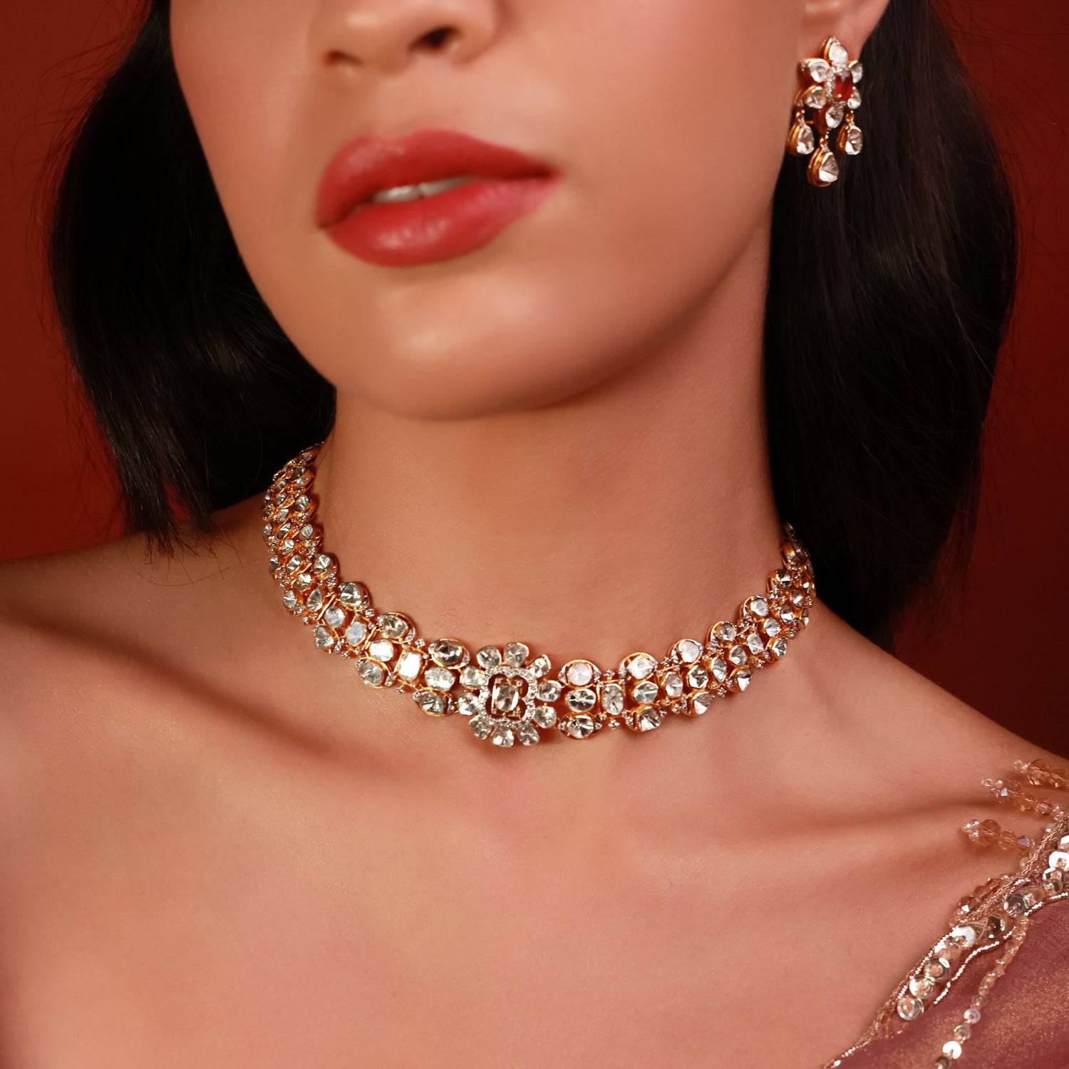 Laveena Necklace And Chaitaly Long Earrings Polki And Diamond Set