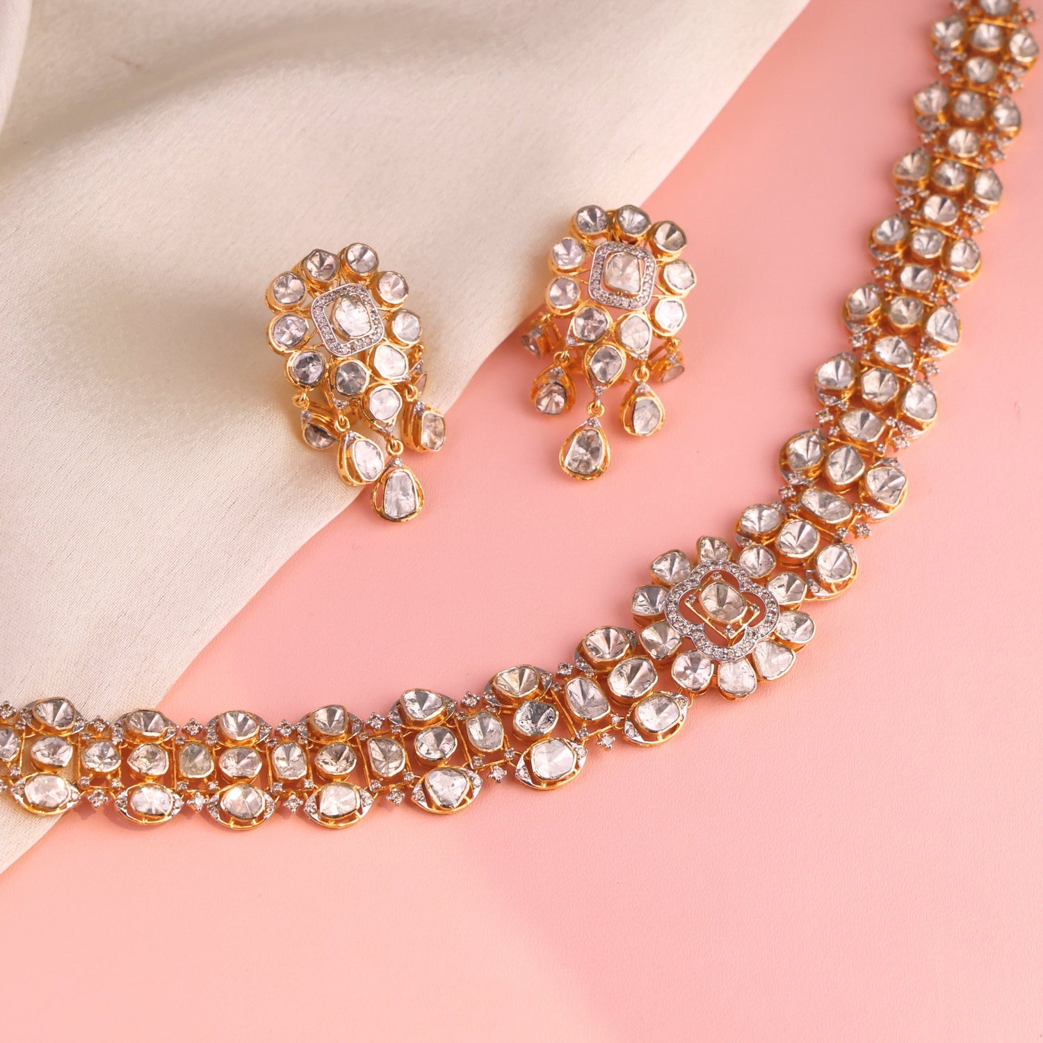 Laveena Necklace And Rekha Long Earrings Polki And Diamond Set