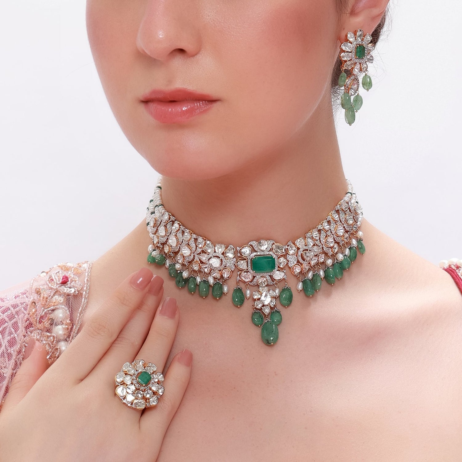 Shrishti Necklace And Sania Long Earrings Polki And Diamond Set