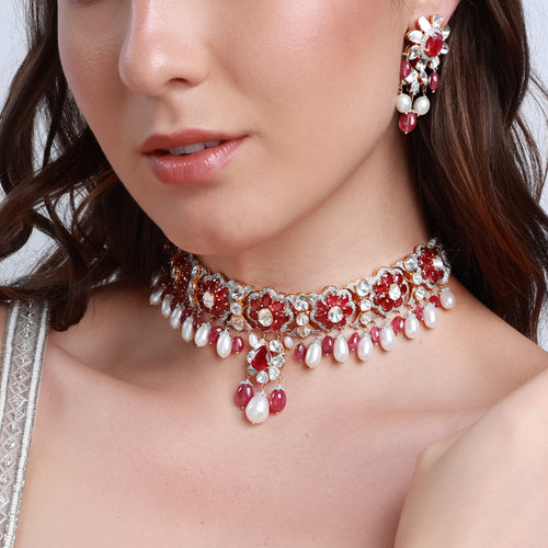Devika Choker And Elara Long Earrings Polki And Diamond Set