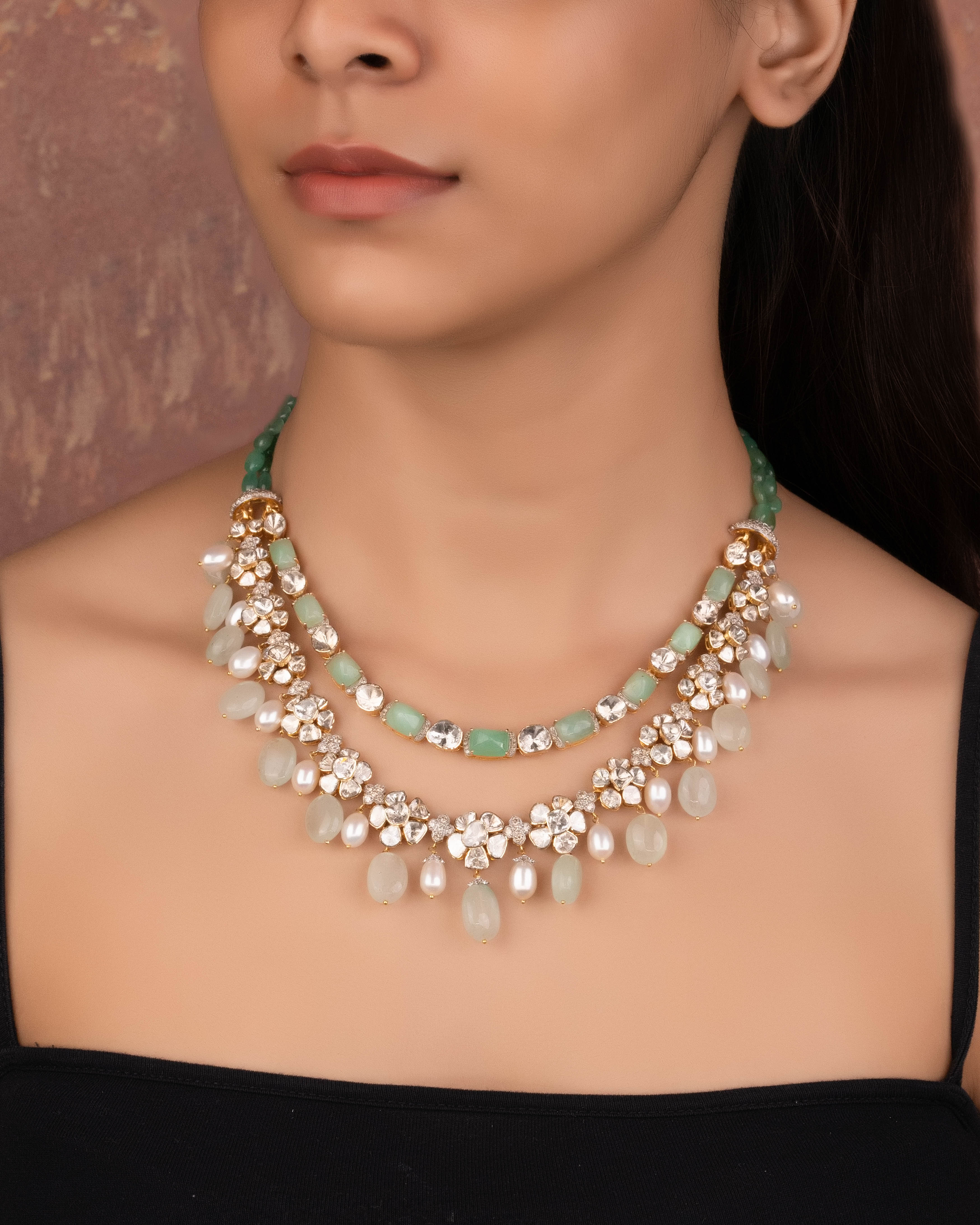 Humera Necklace And Fiya Long Earrings Polki And Diamond Set