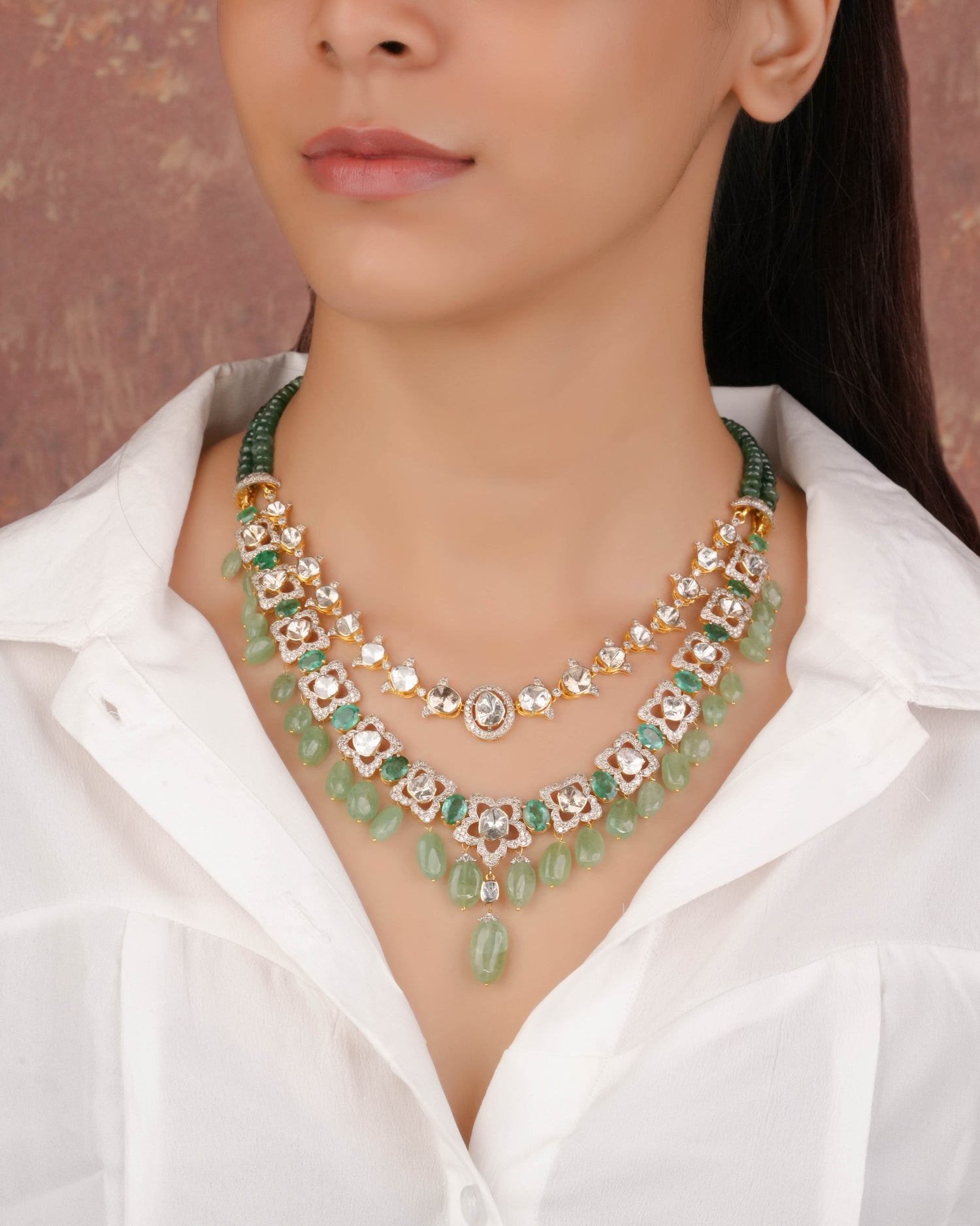 Sonali Necklace And Aashi Long Earrings Polki And Diamond Set