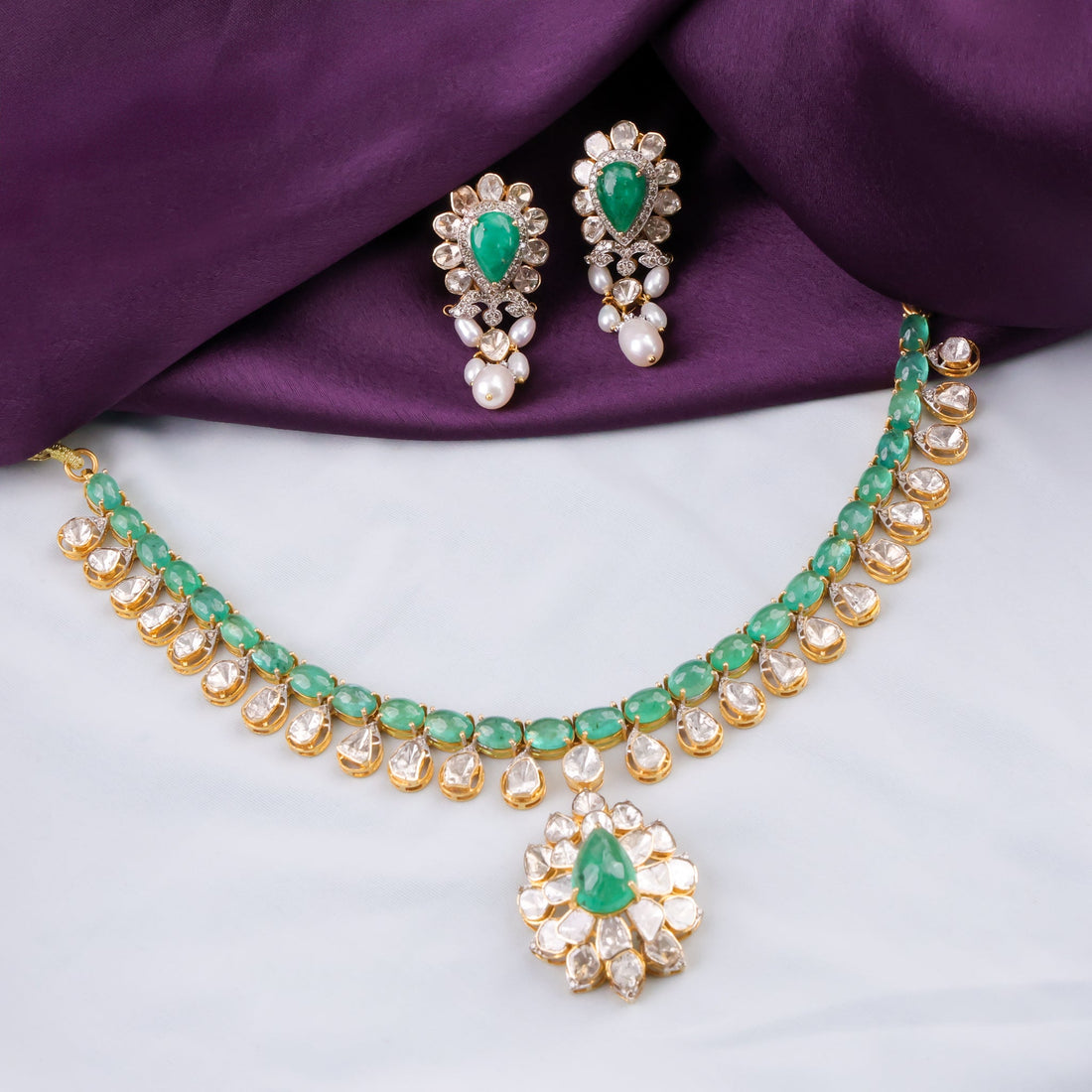 Aparna Necklace And Mishti Long Earrings Polki And Diamond Set