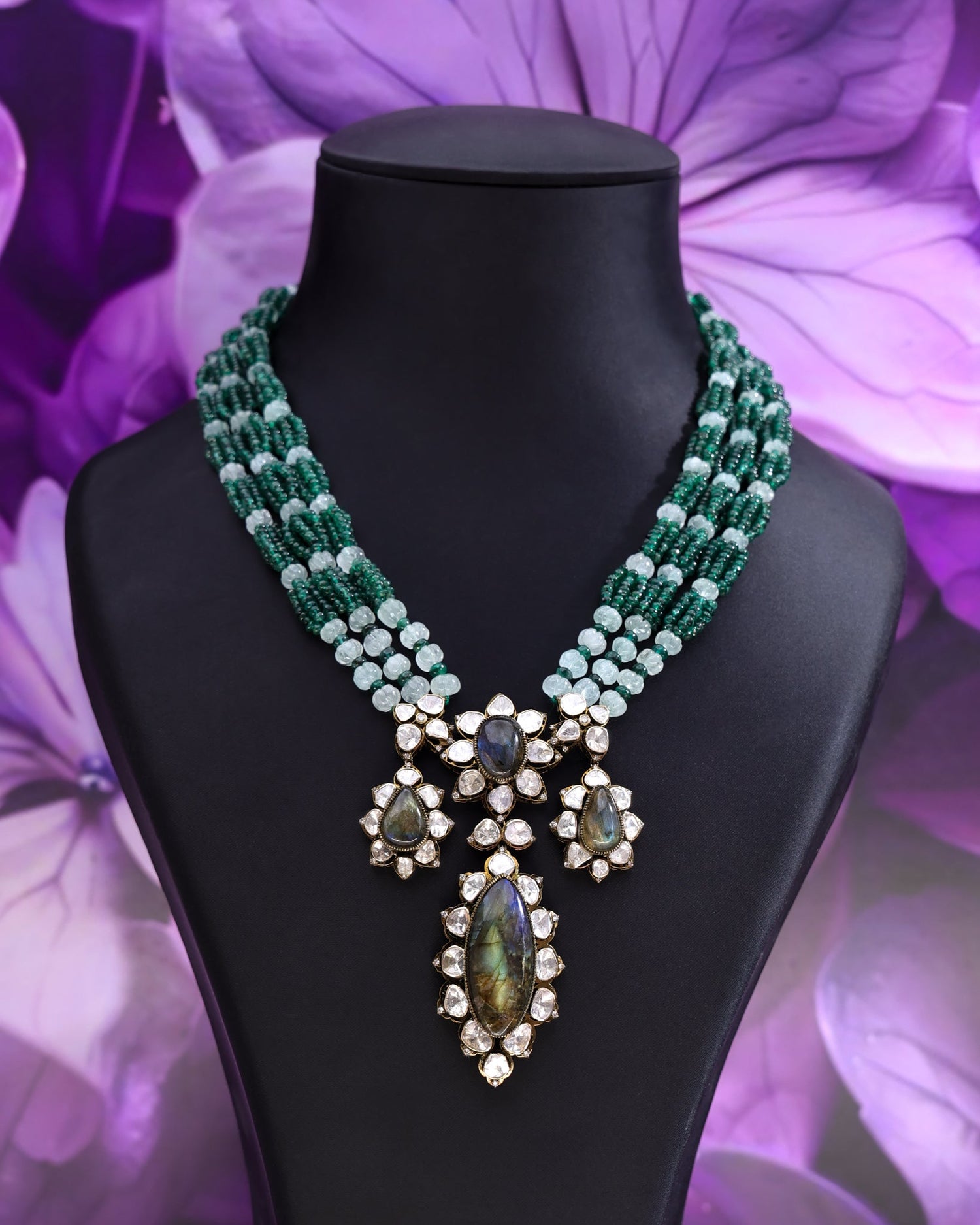 Olive Polki And Diamond Bead Pendant