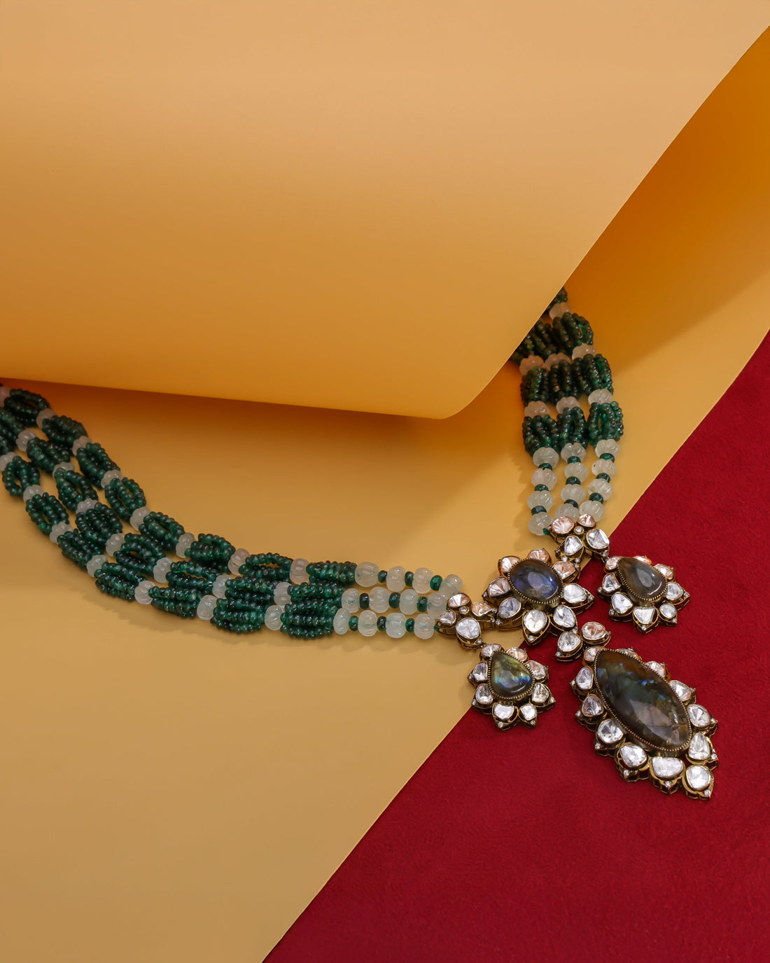 Olive Polki And Diamond Bead Pendant