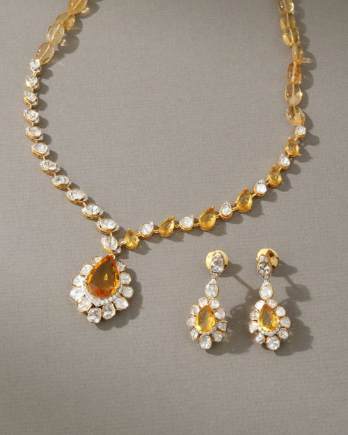 Urvi Necklace And Oviya Long Earrings Polki And Diamond Set