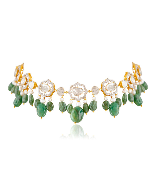 Aayna Choker And Vani Long Earrings Polki And Diamond Set