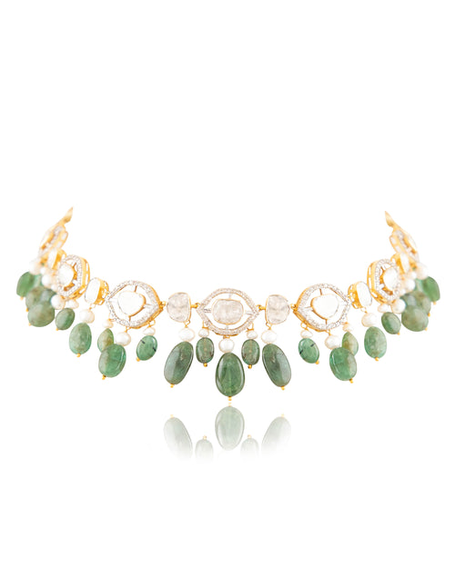 Maithili Choker And Cammy Long Earrings Polki And Diamond Set