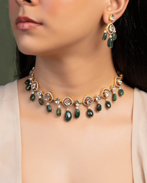 Kriti Choker And Rakul Long Earrings Polki And Diamond Set