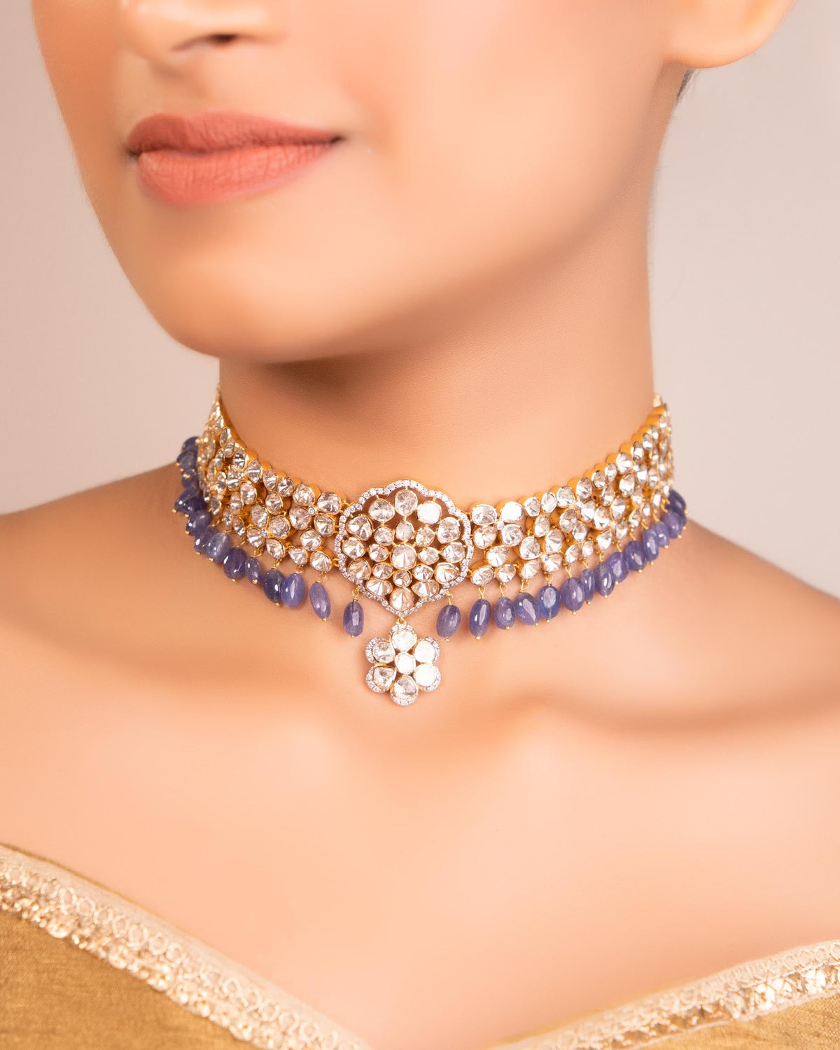 Urvashi Choker And Ekanta Long Earrings Polki And Diamond Set