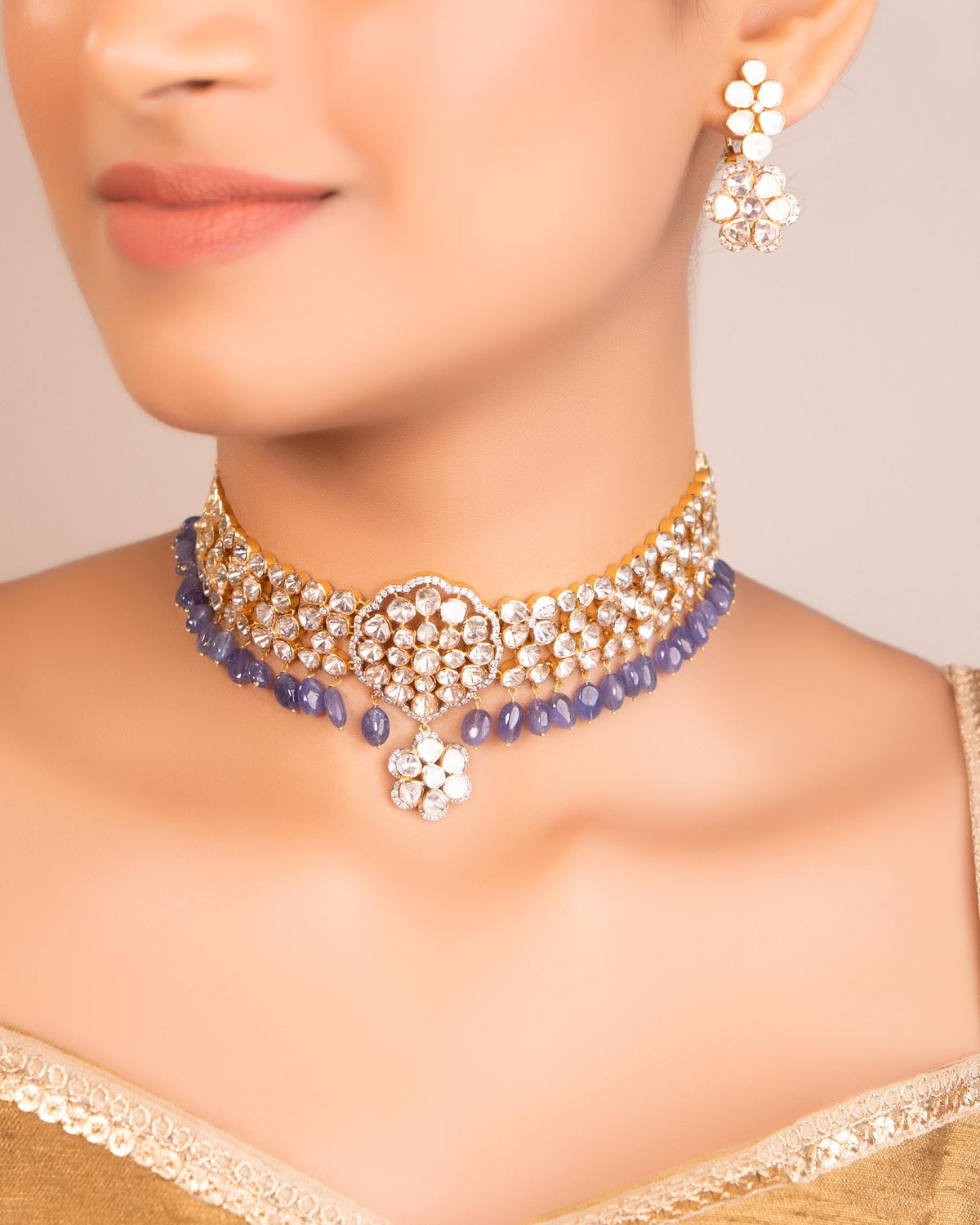 Urvashi Choker And Ekanta Long Earrings Polki And Diamond Set