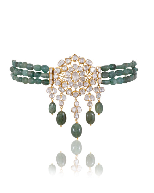 Gayatri Bead Choker And Swati Long Earrings Polki And Diamond Set