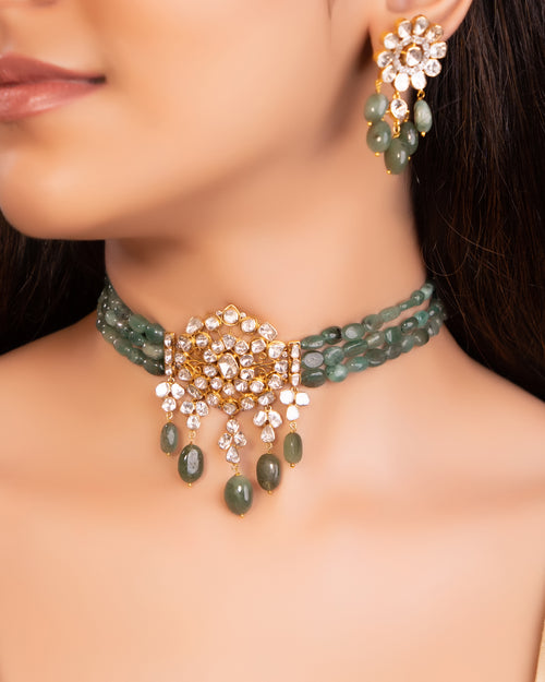 Gayatri Bead Choker And Swati Long Earrings Polki And Diamond Set