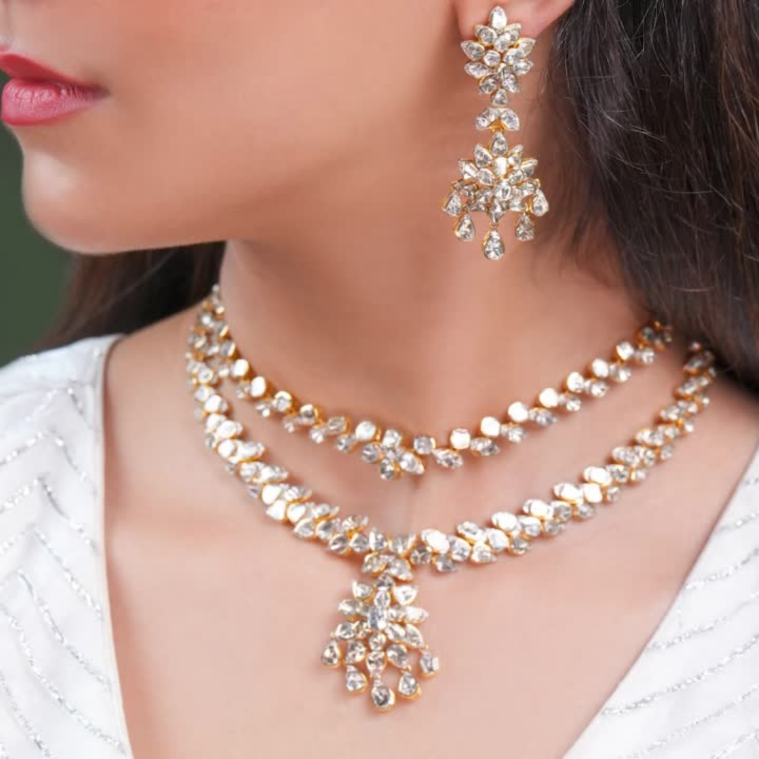 Jasanta Necklace And Nadiya Long Earrings Polki And Diamond Set