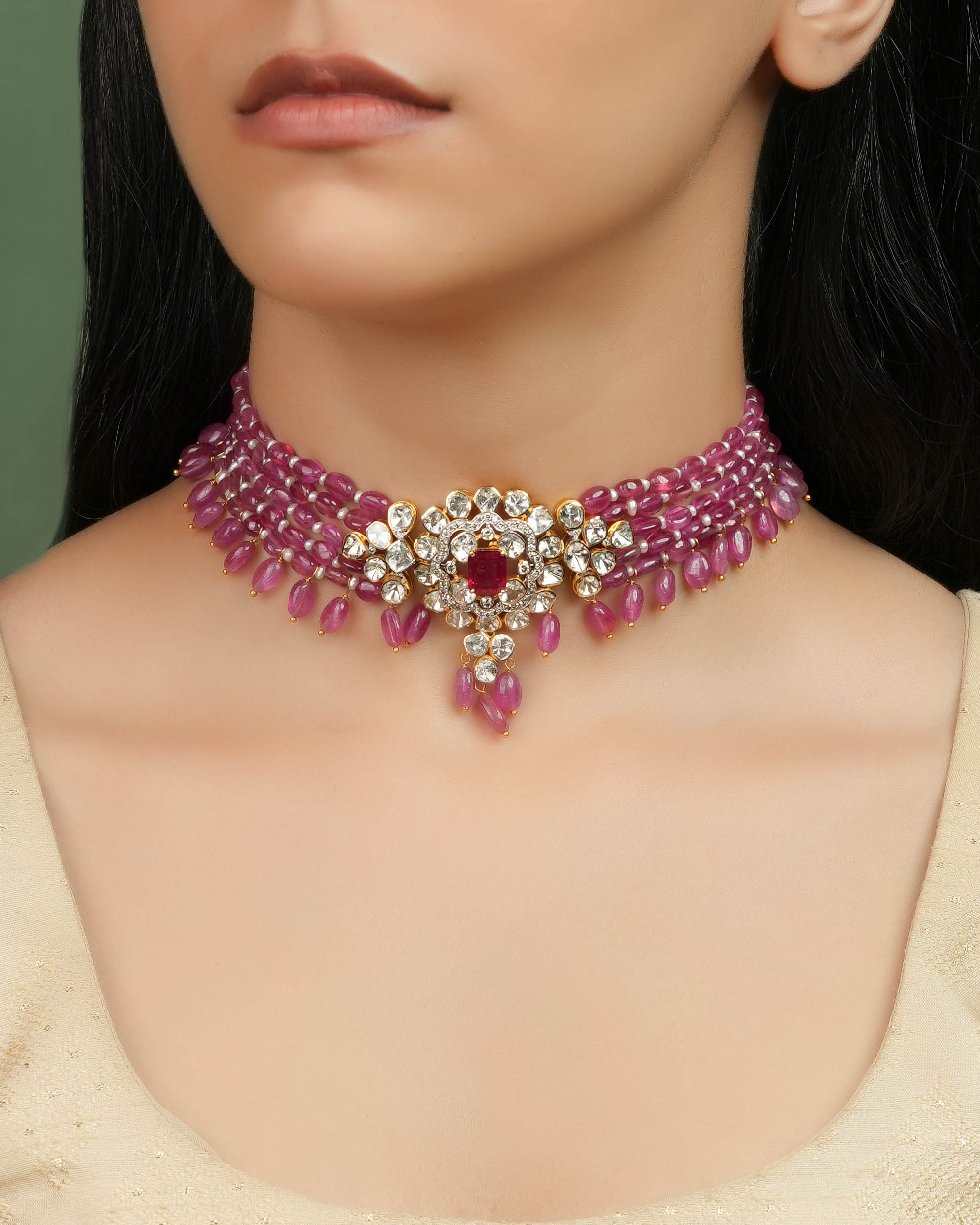 Purva Polki And Diamond Bead Choker