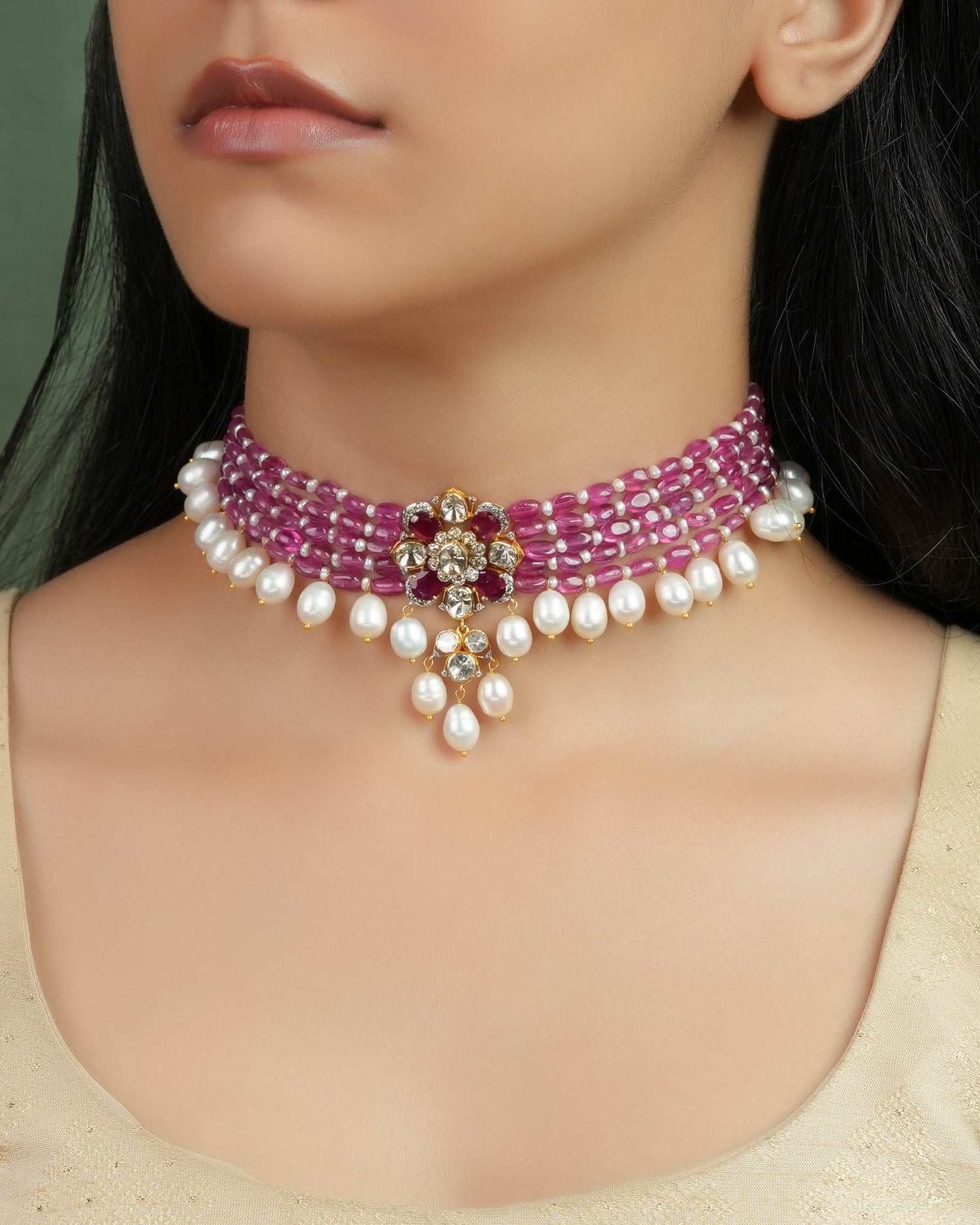 Asra Polki And Diamond Bead Choker