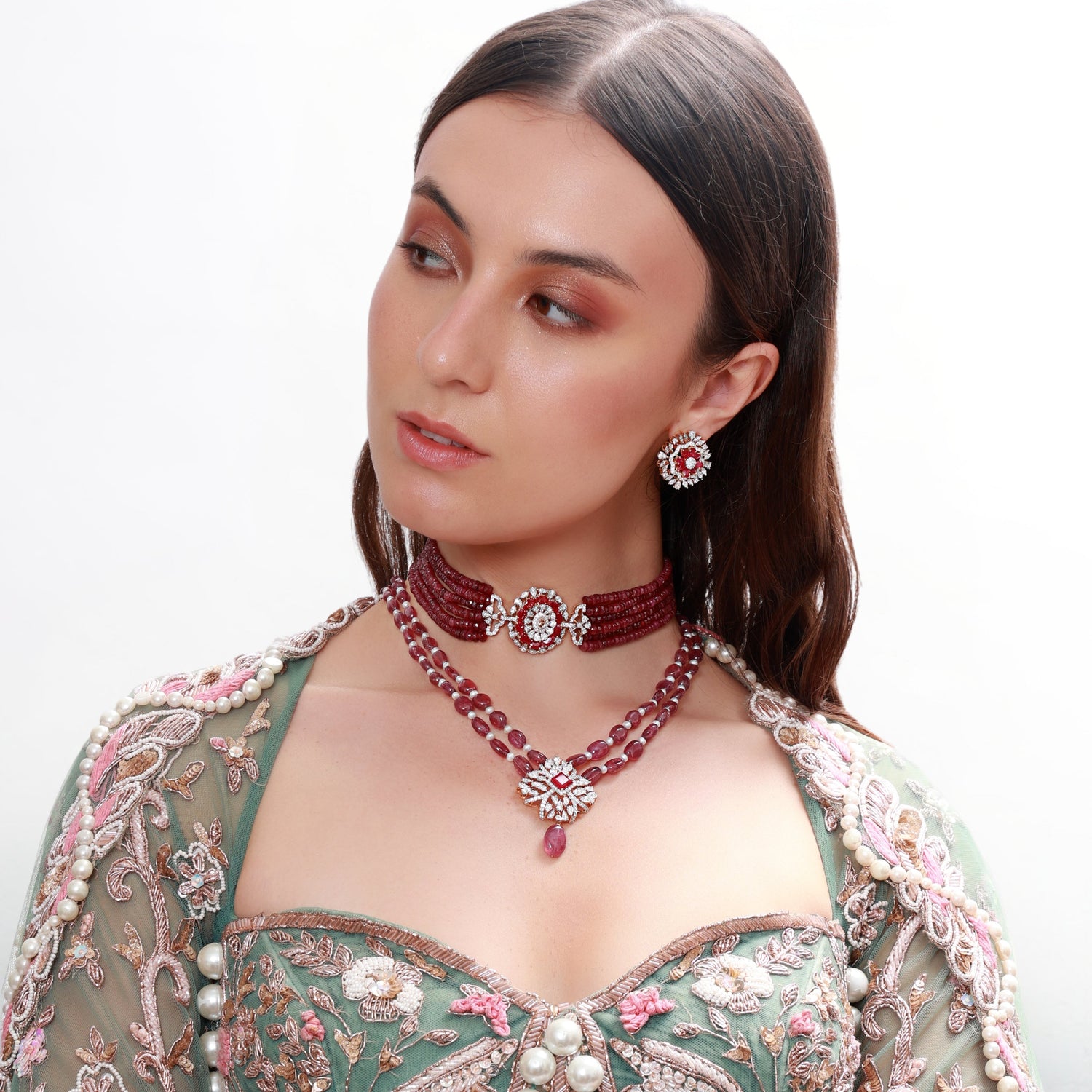 Red Bead Diamond Necklace Set