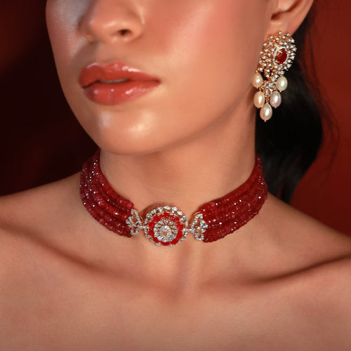 Red Beaded Diamond Necklace Set