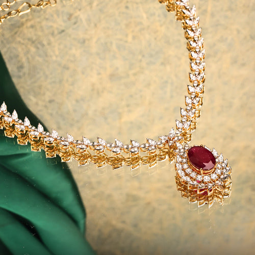 Red Stone Diamond Long Necklace Set