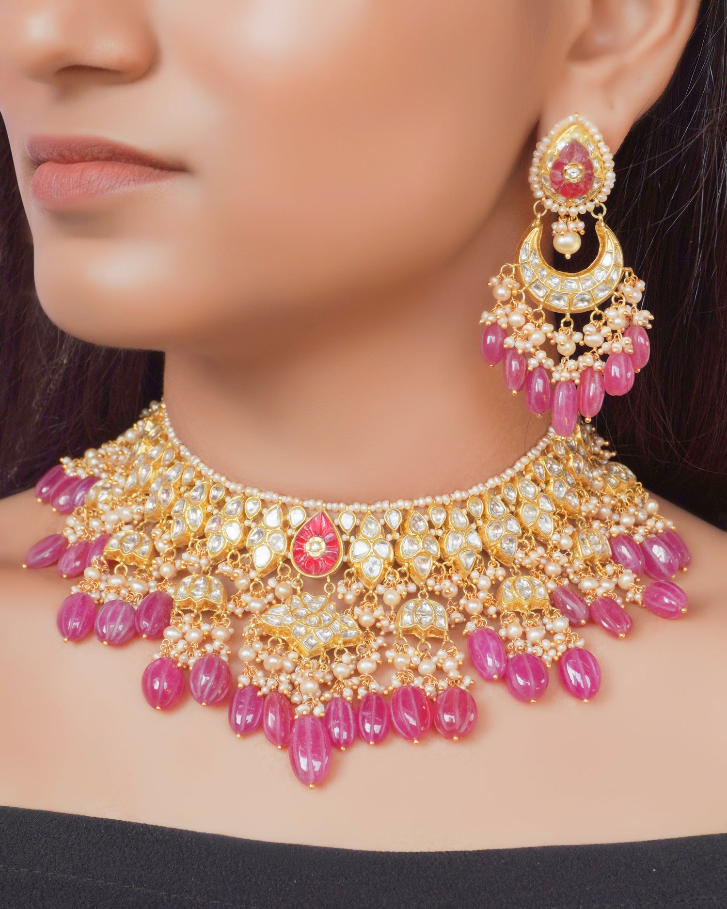 Aanam Necklace and Janki Chandbalis Polki Set