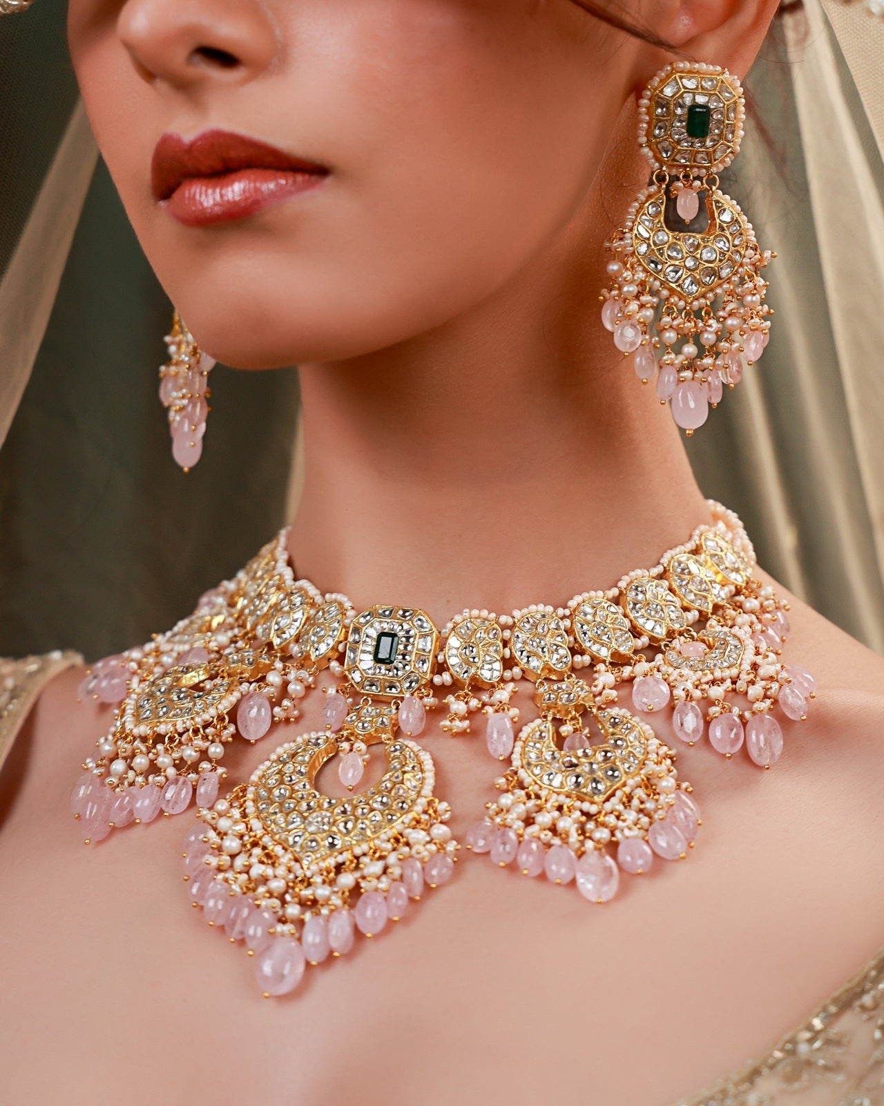 Liza Necklace And Nidra Chandbalis Polki Set