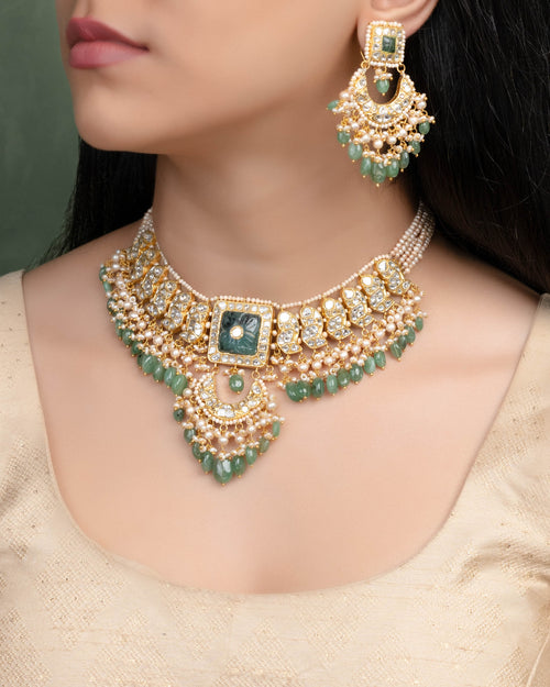SomnaChokerAndHarvinaLongEarrings Polki Chandbalis