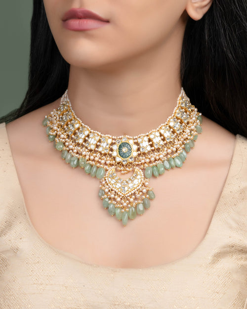 Kainath Necklace And Kaashi Chandbalis Polki Set