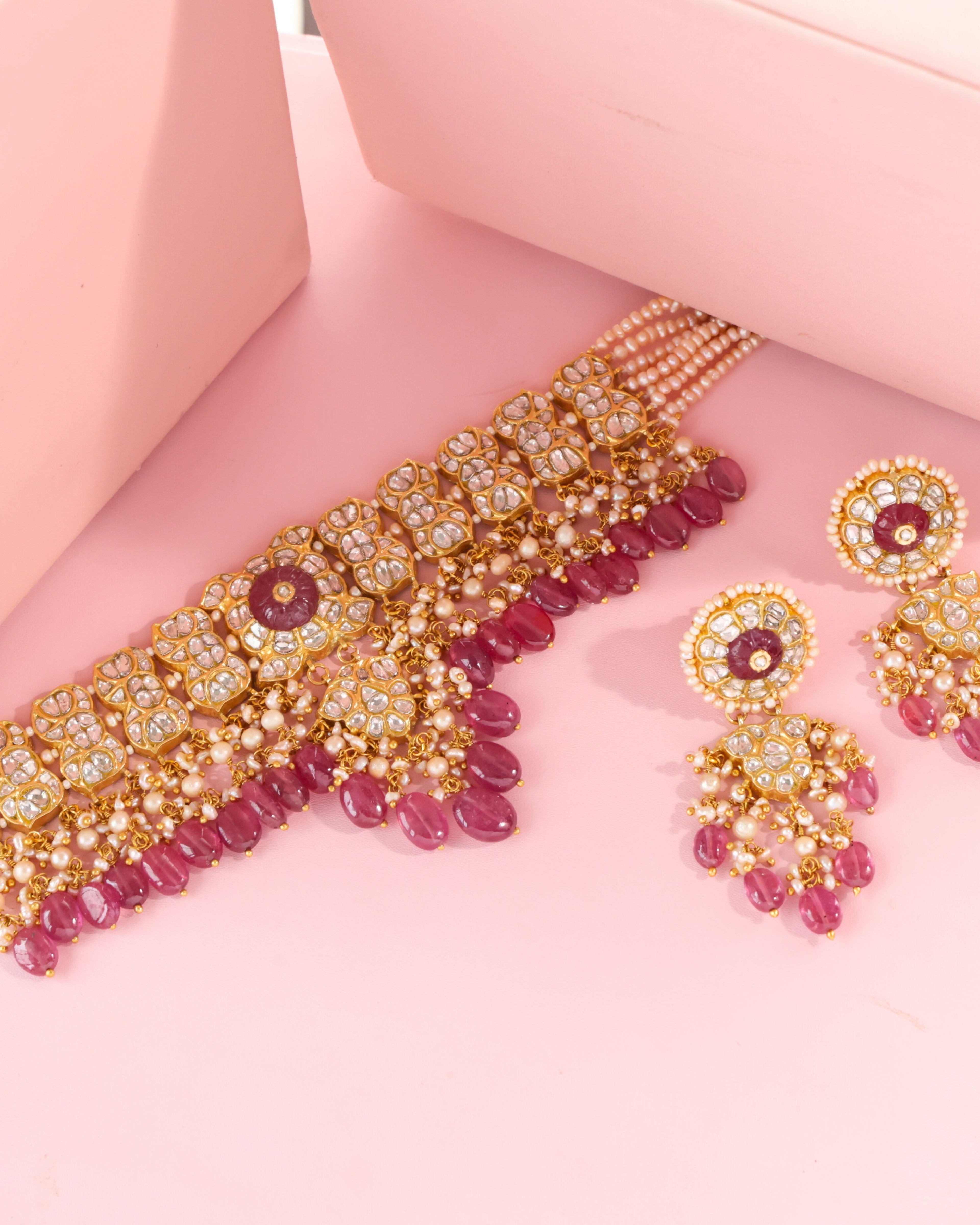 Aanchal Choker And Rachna Long Earrings Polki Set